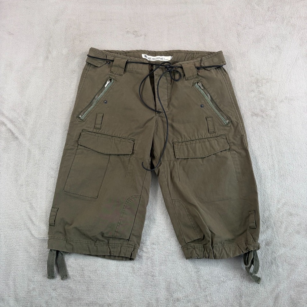 NICE Collective Cargo Paratrooper Shorts 34 Military Green Leather Belt Vintage